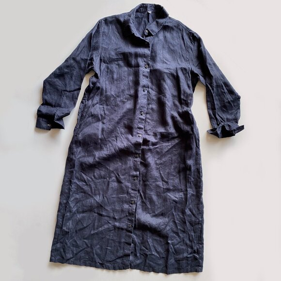 Women’s 100% Linen Navy Blue Long Shirt Dress Sz L Button Front Midi Side Pocket - Picture 1 of 10